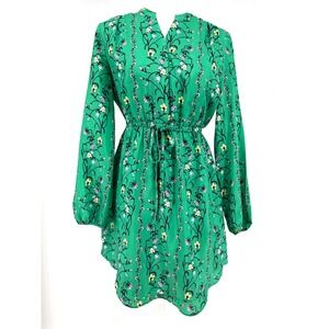 Maison Jules Green Floral Print Long Sleeve Cinched Waist Short Dress Women's S